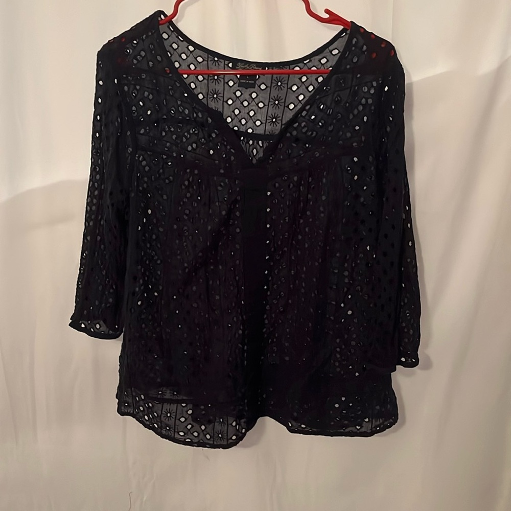 Lucky Brand navy eyelet boho cotton top  sz L